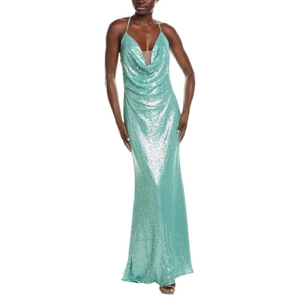 Rene Ruiz Womens  Draped Cowl Neckline Gown, Green